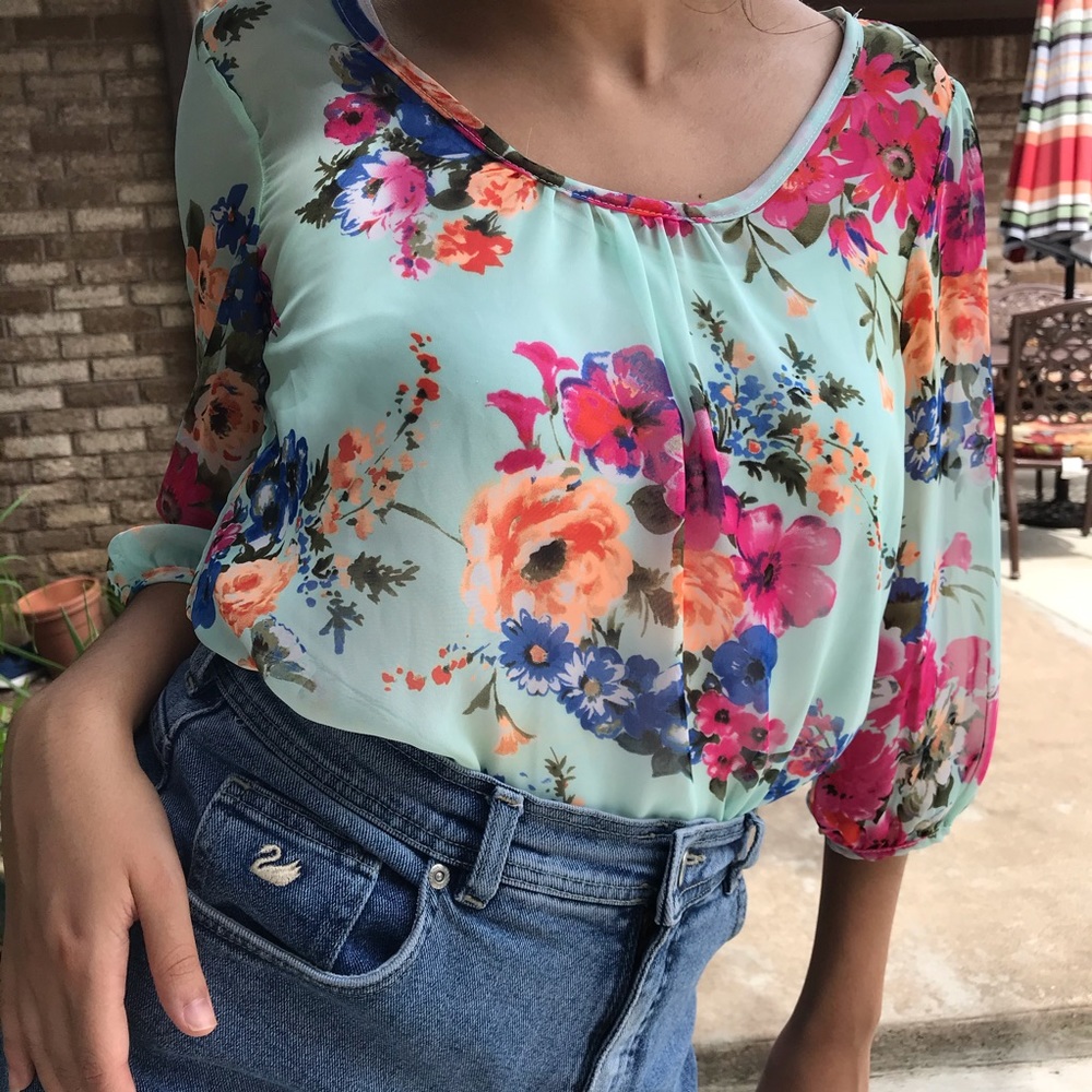 A’gaci | Mint Green Blouse with Flower Pattern S